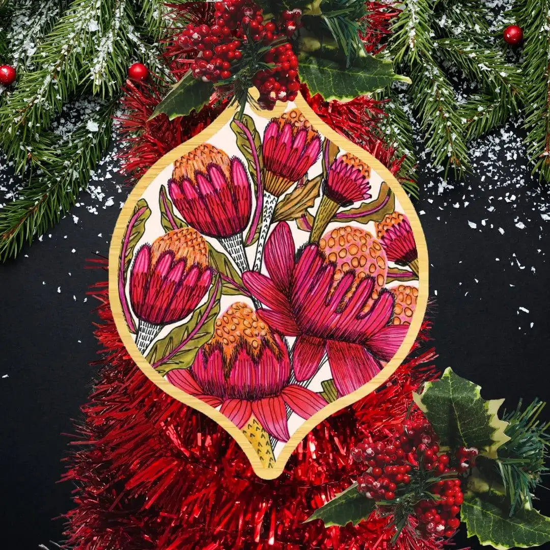 Australian Waratah Flowers Wooden Christmas Bauble - Kirsten Katz