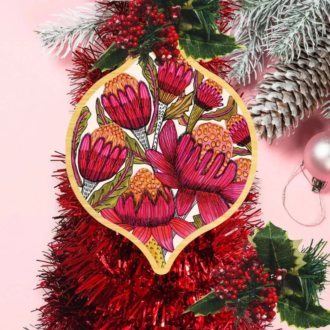 Australian Waratah Flowers Wooden Christmas Bauble - Kirsten Katz