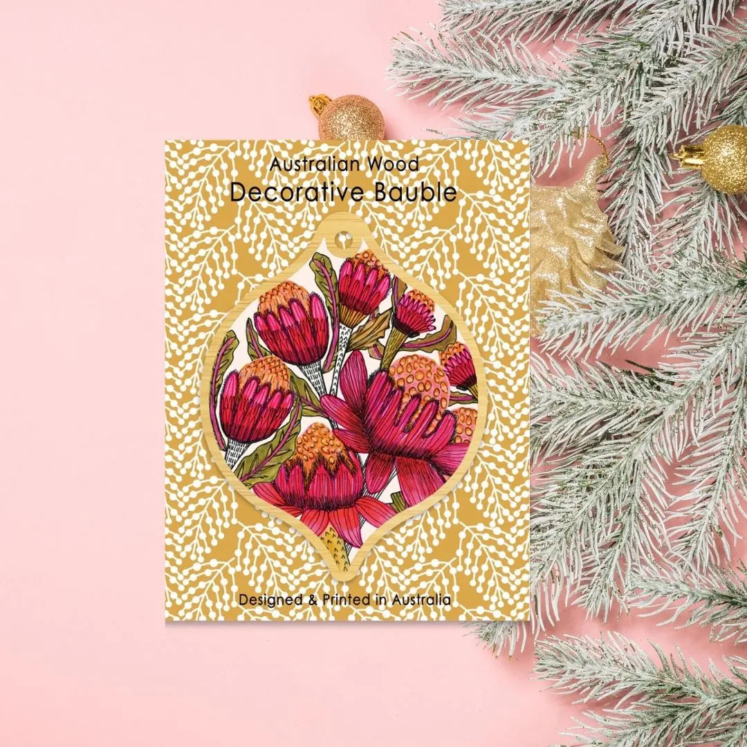 Australian Waratah Flowers Wooden Christmas Bauble Kirsten Katz