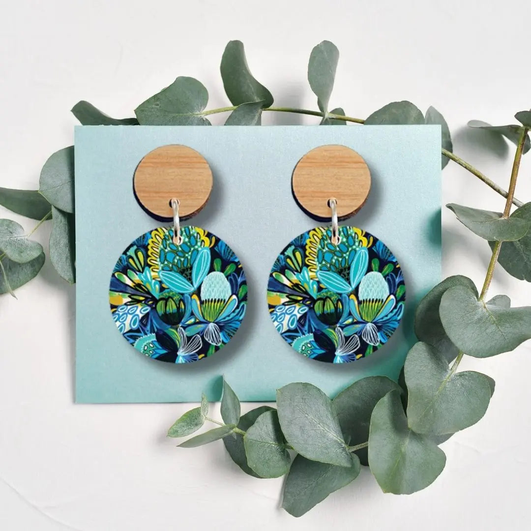 Azure Native Flowers Wooden Earrings Kirsten Katz