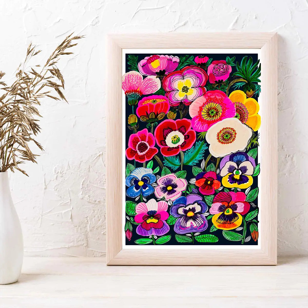 Midnight Pansies and Poppies Wall Art Print Kirsten Katz