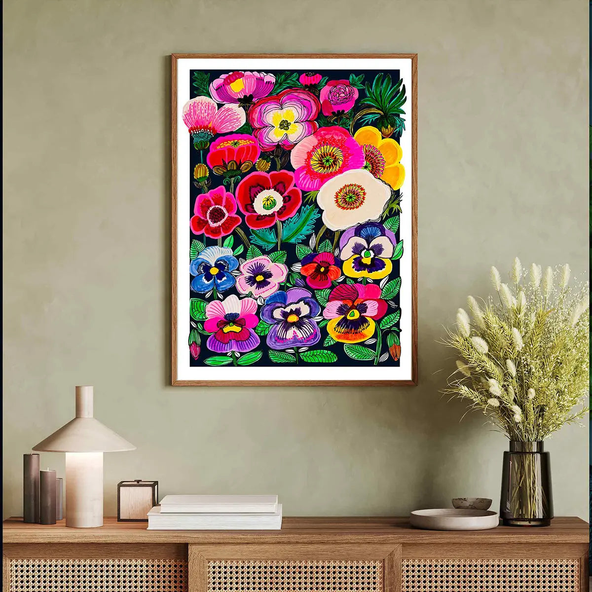 Midnight Pansies and Poppies Wall Art Print Kirsten Katz