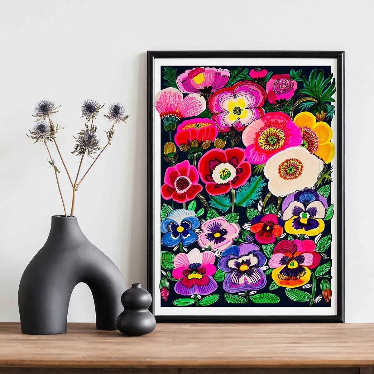 Midnight Pansies and Poppies Wall Art Print Kirsten Katz