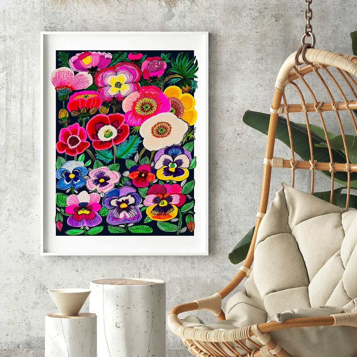 Midnight Pansies and Poppies Wall Art Print Kirsten Katz