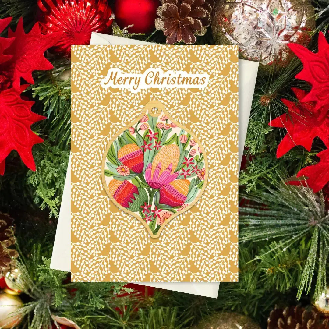 Protea & Gum Flowers Australian Christmas Card & Bauble Kirsten Katz