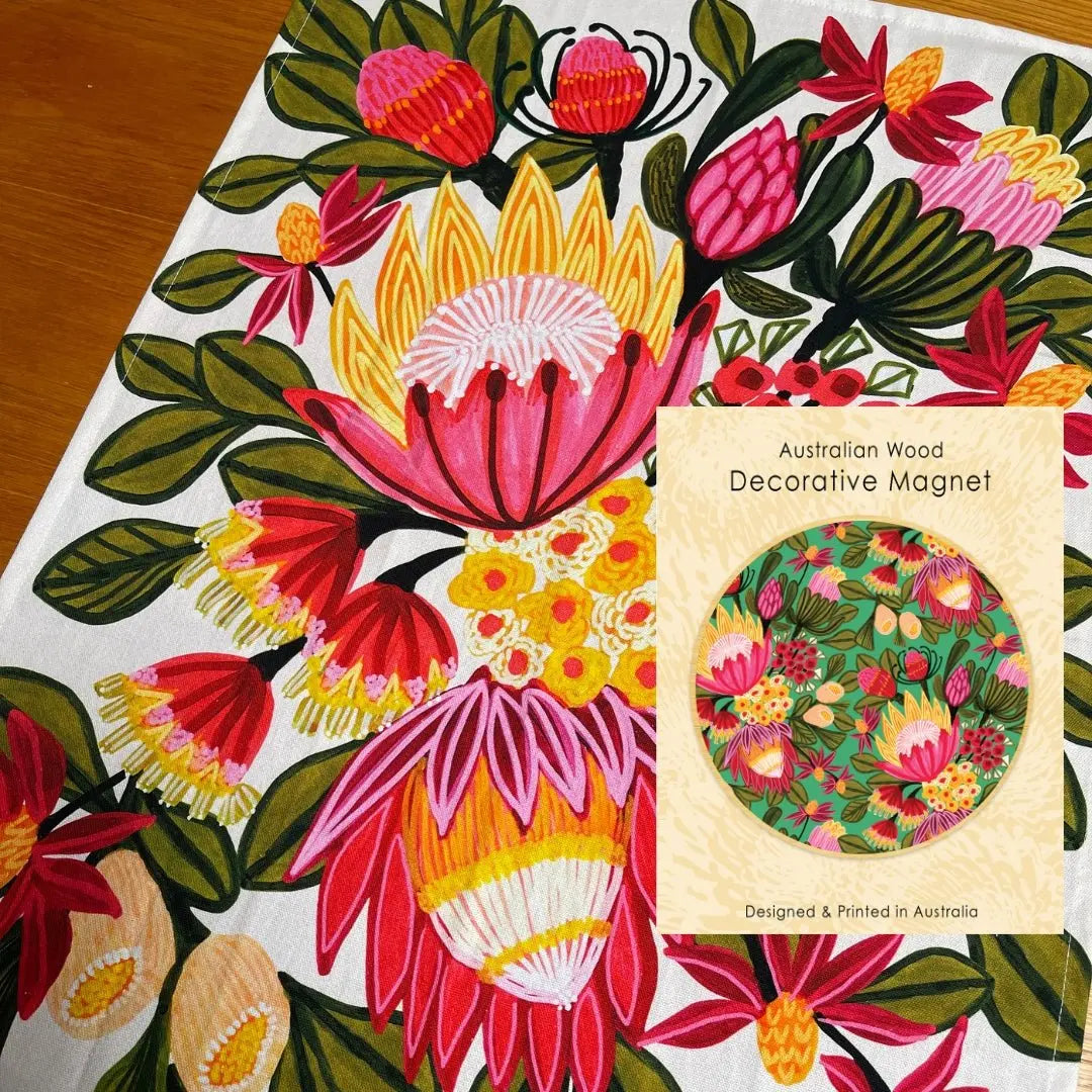 Festive Proteas Tea Towel & Wooden Fridge Magnet Gift Set - Kirsten Katz