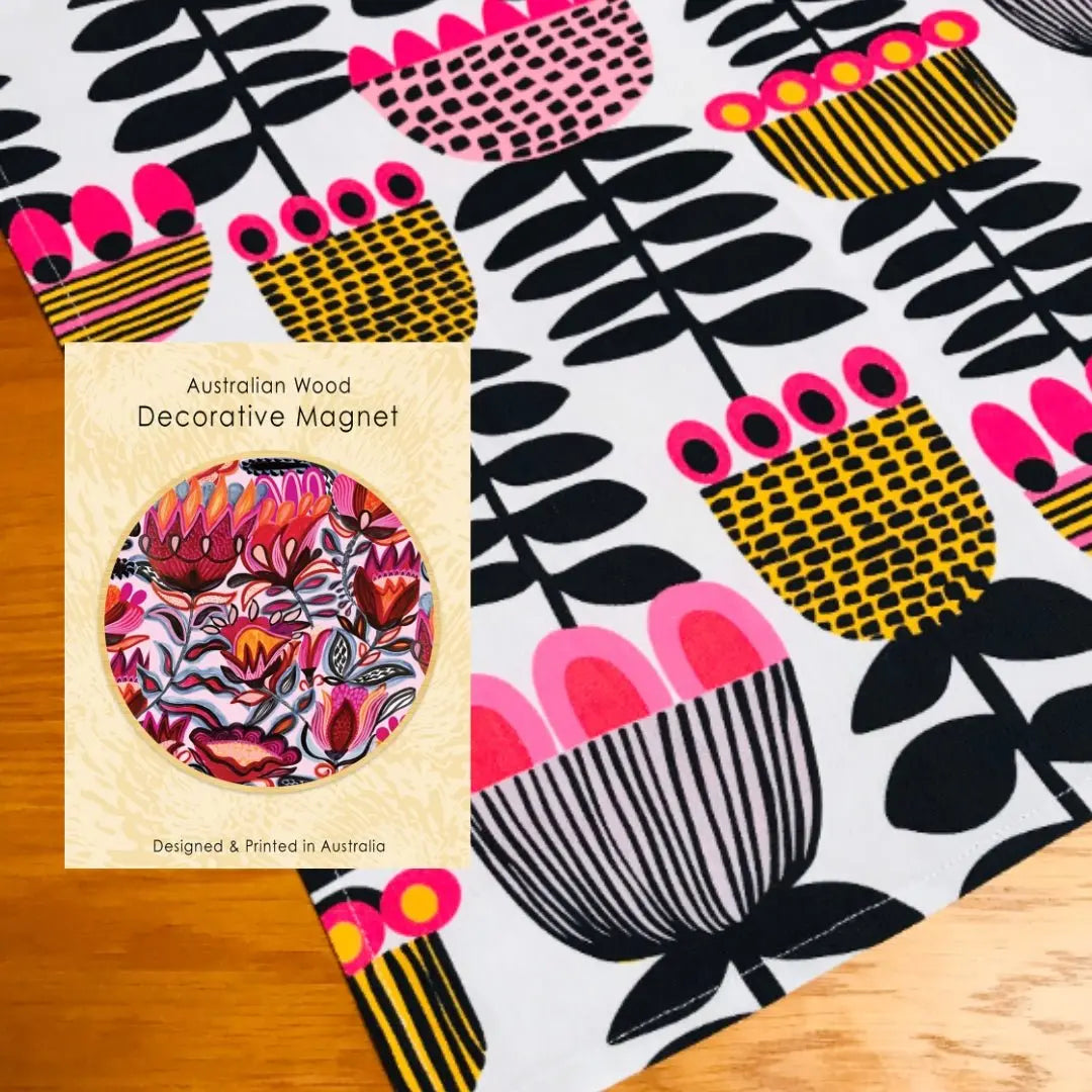 Folk Flowers Tea Towel & Wooden Fridge Magnet Gift Set - Kirsten Katz