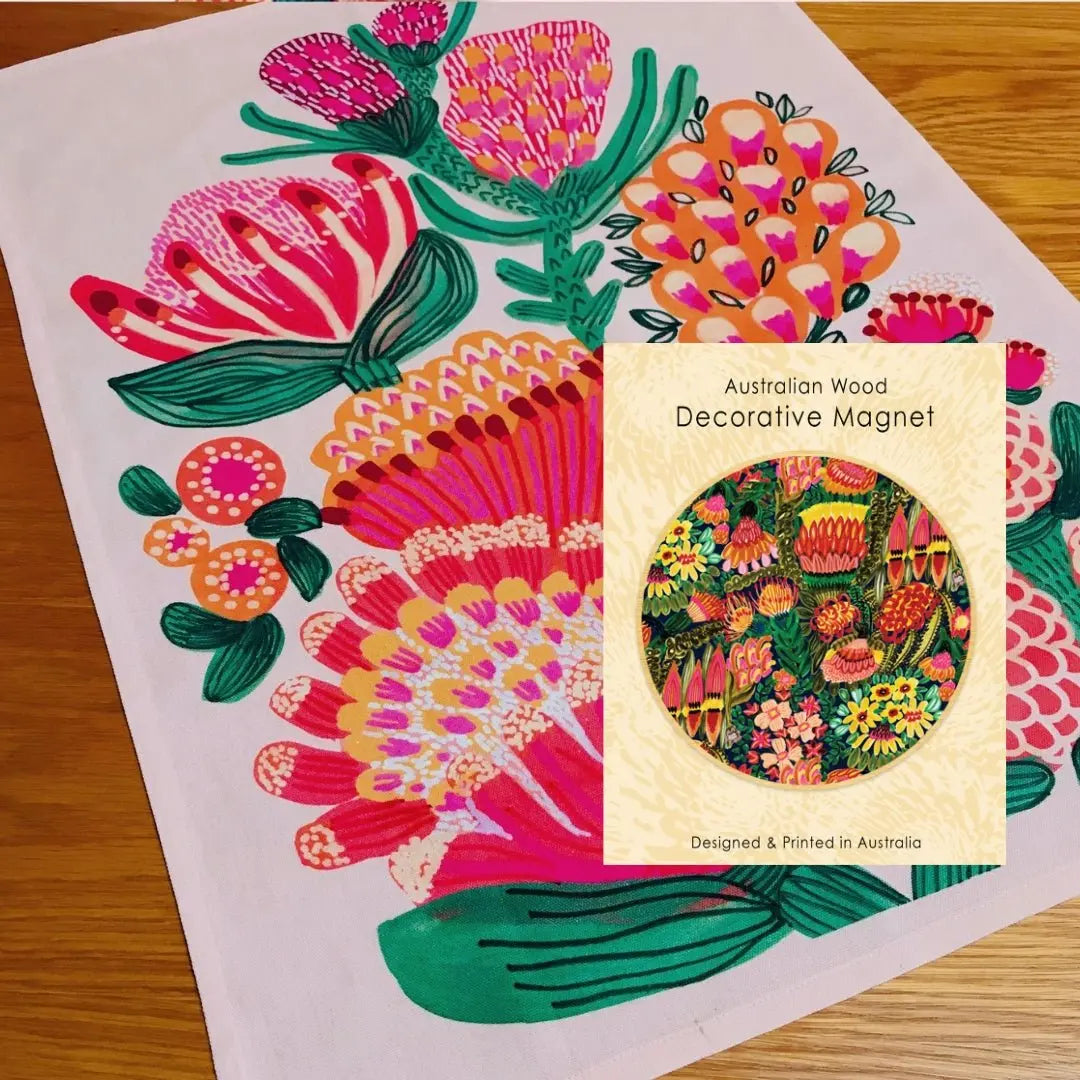 Grevillea Garden Tea Towel & Wooden Fridge Magnet Gift Set - Kirsten Katz