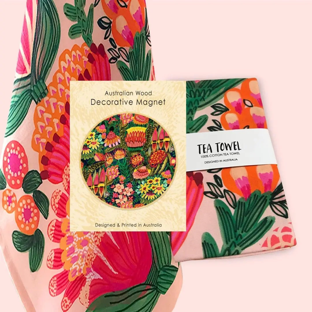 Grevillea Garden Tea Towel & Wooden Fridge Magnet Gift Set - Kirsten Katz