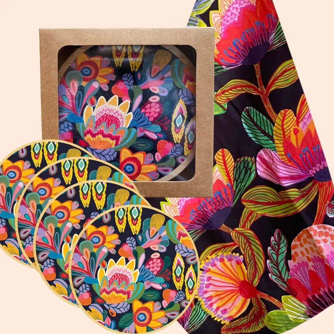 Protea Fantasy Tea Towel & Australian Wooden Coaster Gift Set - Kirsten Katz