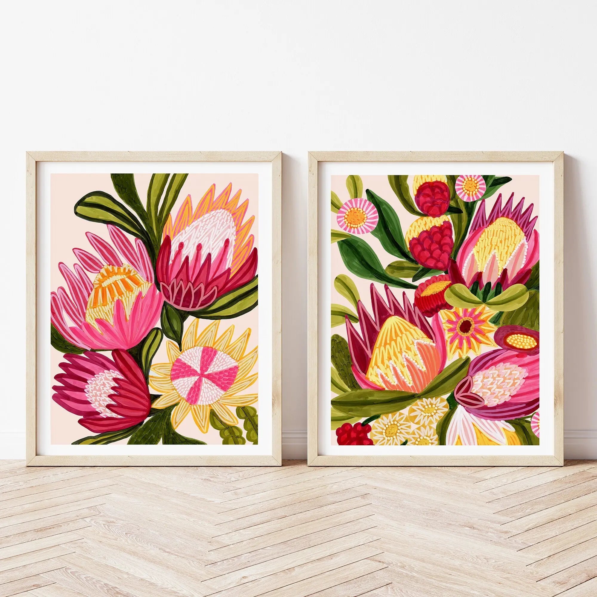 Protea Flowering Plant Art Print Pink Flower Green Leaves set 2 Wall hot Arts Minimalist Wall Decoration Canvas Illustration two Flowers Poster