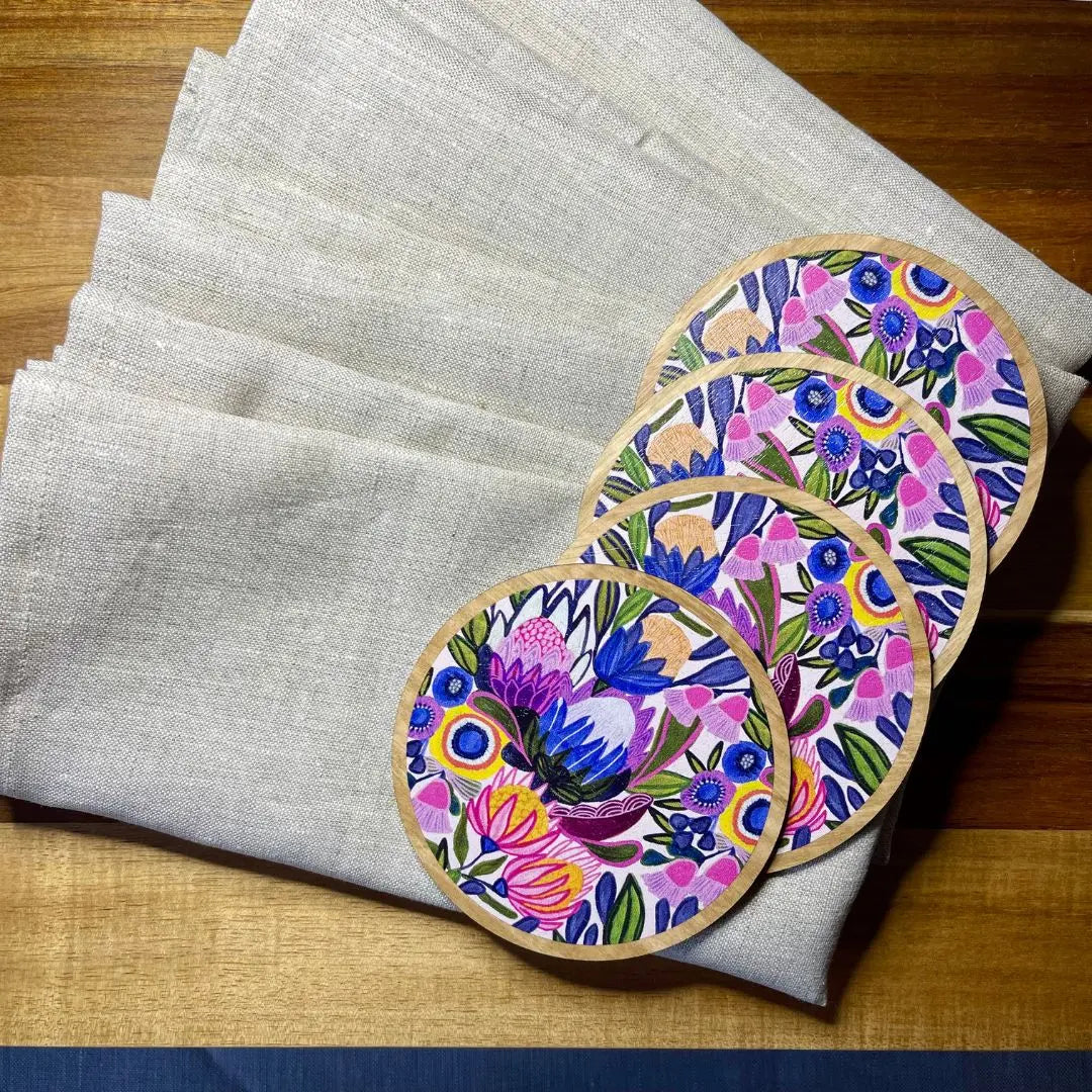 Protea Magnifica Wooden Coaster & Napkin Set - Kirsten Katz