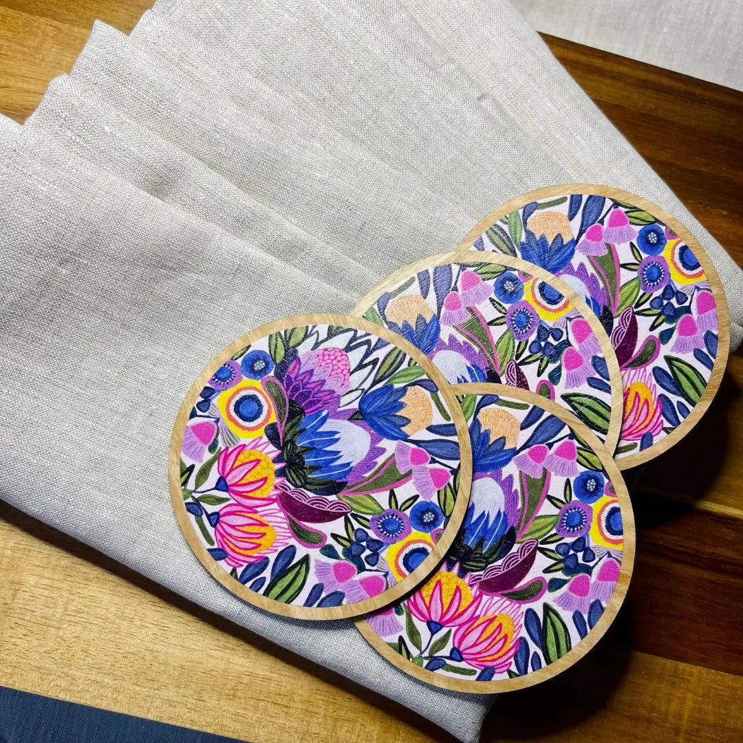 Protea Magnifica Wooden Coaster & Napkin Set - Kirsten Katz