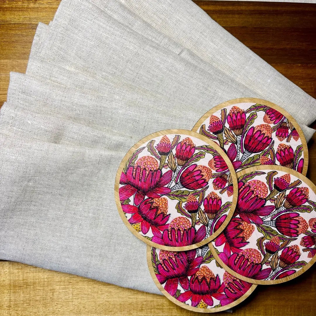 Waratah Flowers Coaster & Napkin Set - Kirsten Katz