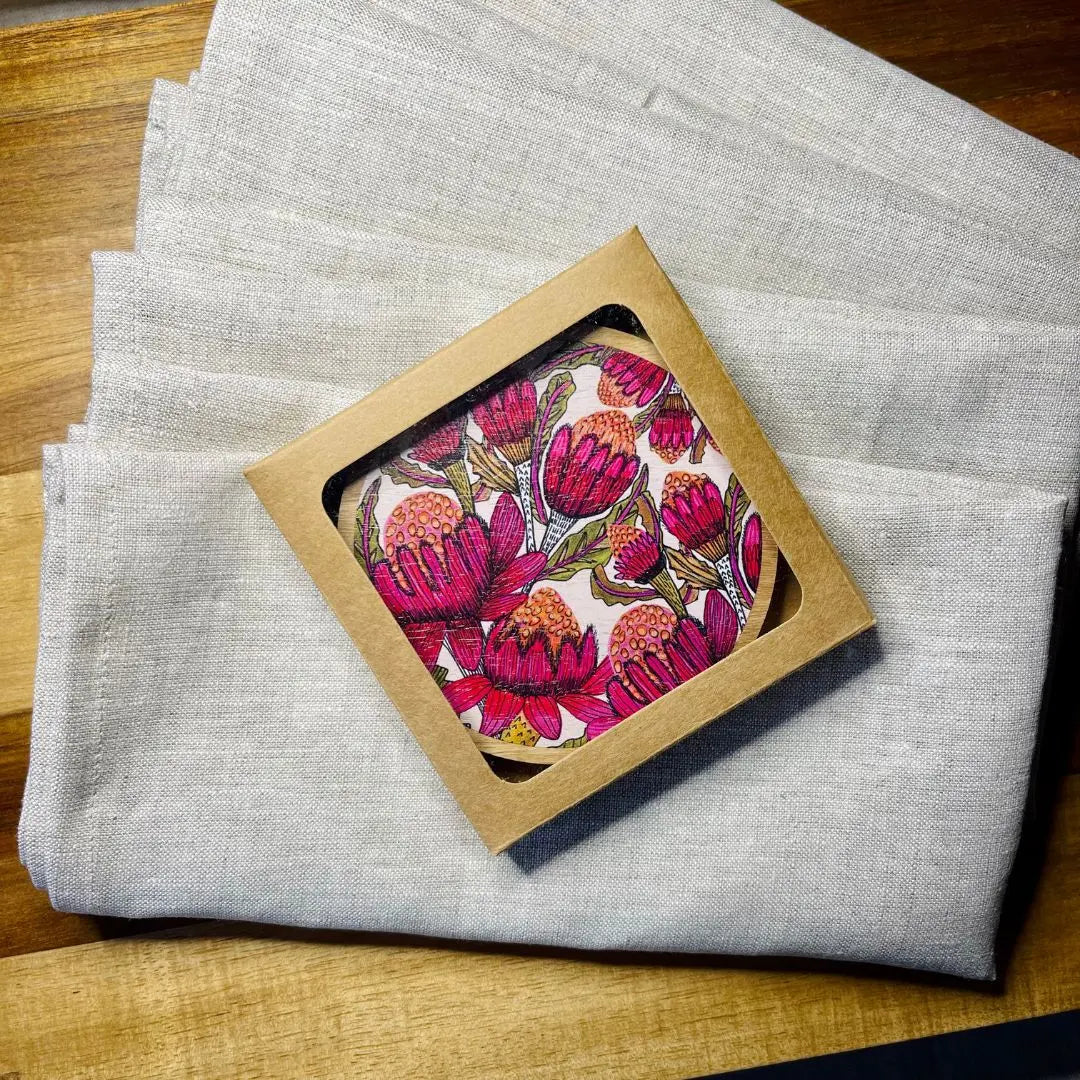 Waratah Flowers Coaster & Napkin Set - Kirsten Katz