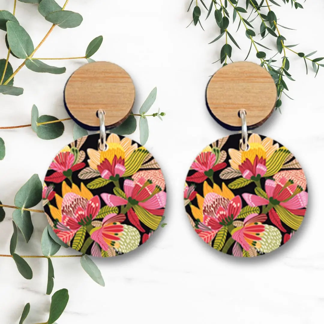 Wild Proteas Australian Wooden Earrings - Kirsten Katz